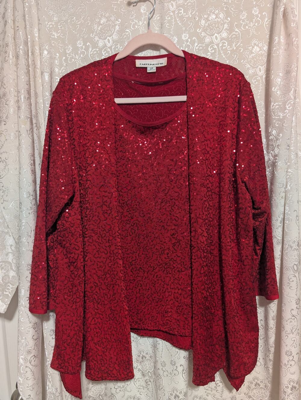 Caroline Rose Red Sequin 2 Pc Twin Set Draped Jacket Tank Shell LP